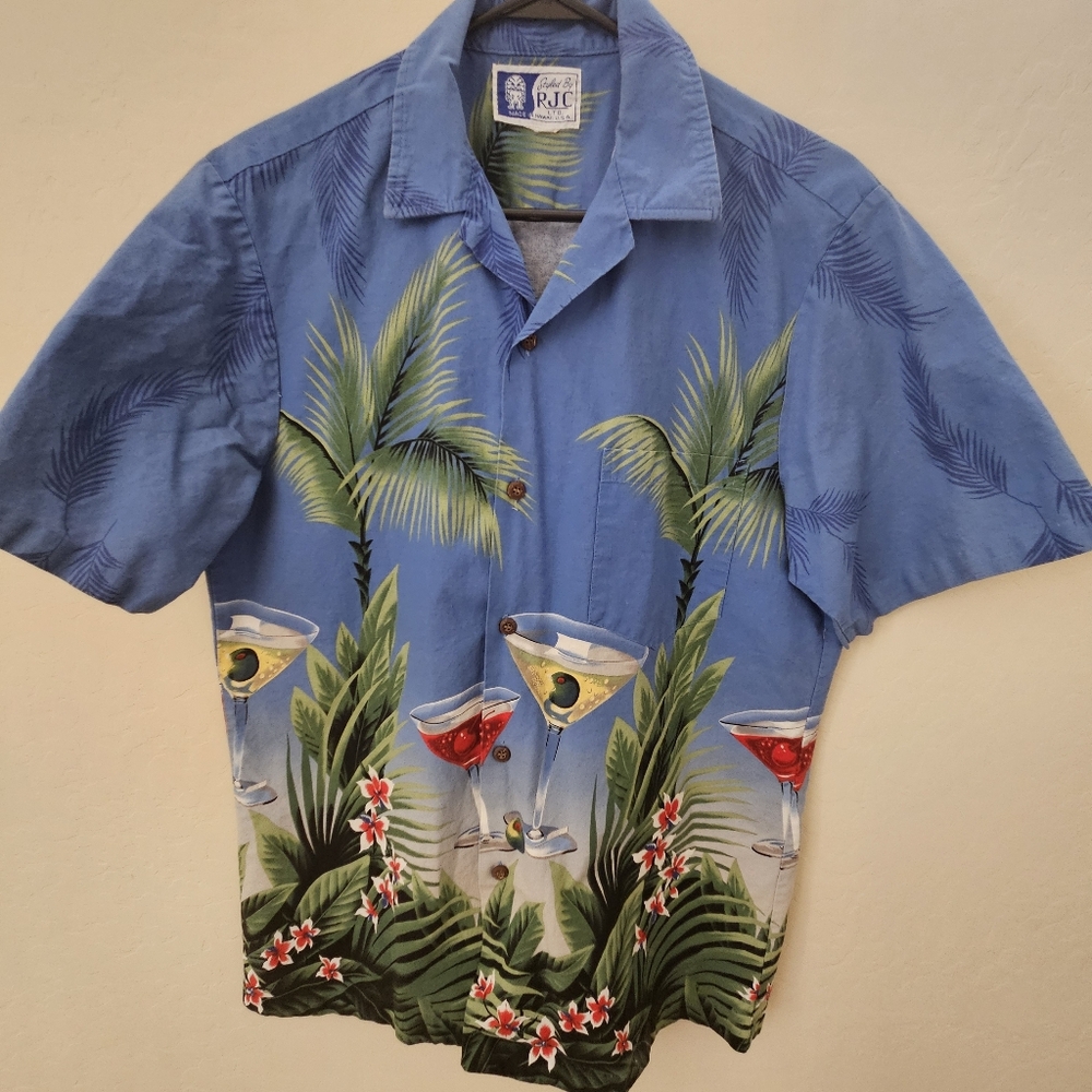 RJC Mens Hawaiian Shirt Aloha Shirt Martini Palm Tree Large Made In USA